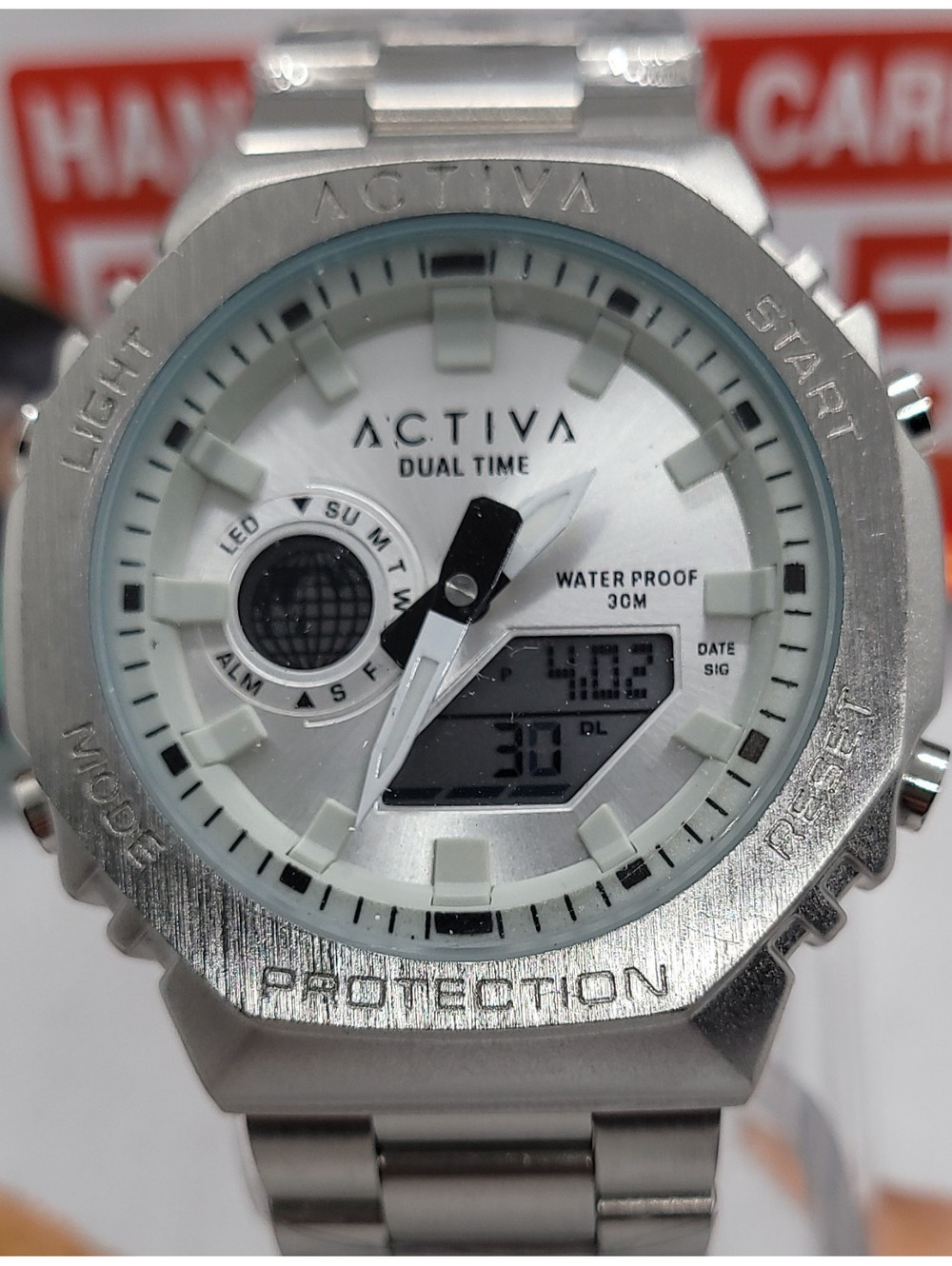 382 activa dual time quartz silver metal band analog digital 30m sport wristwatc